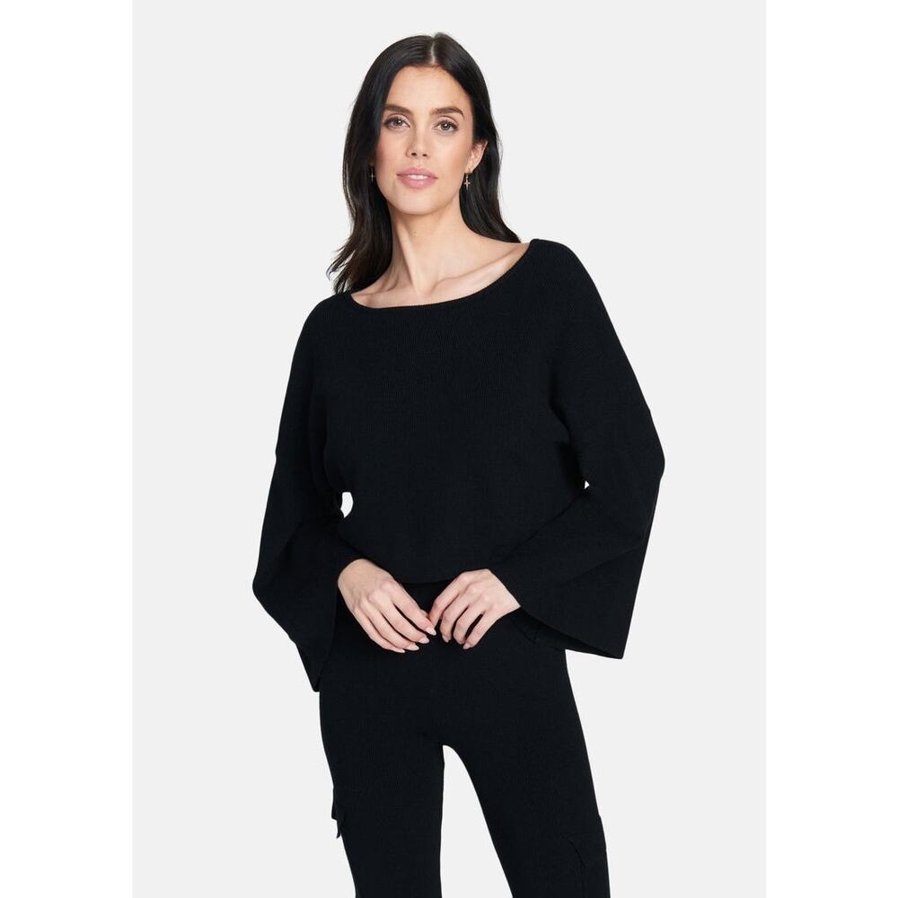 Alloy Apparel Boxy Crop‎ Flare Sleeve Top S Black Lightweight Knit Boat Neck 70s